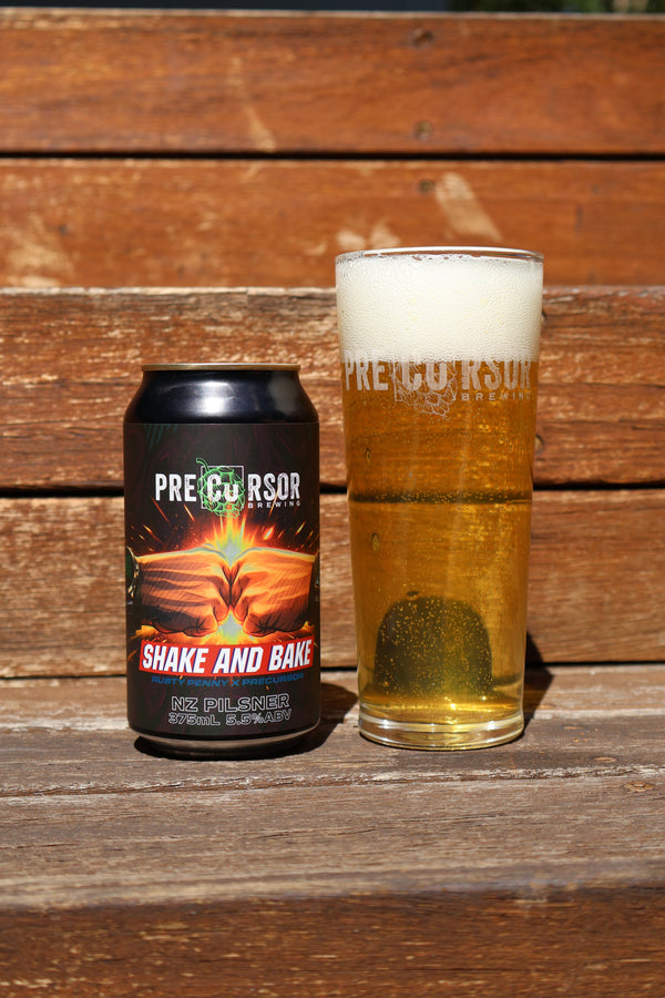 Precursor Brewing Beer glass and can on a wooden surface